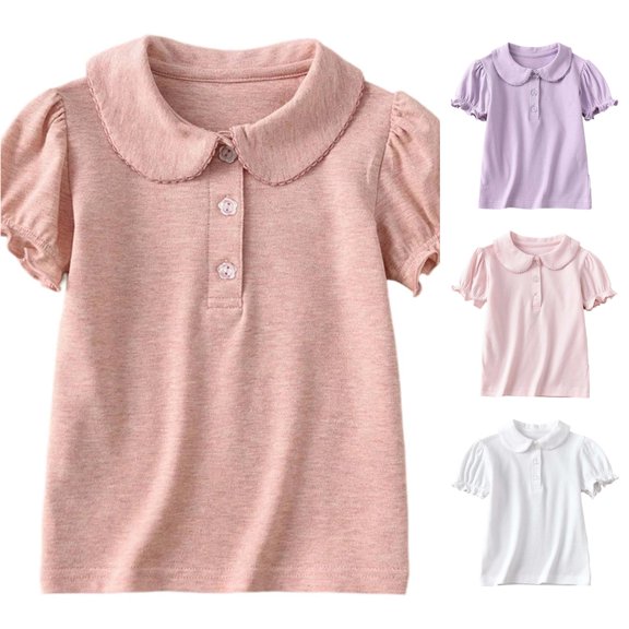 WEIGFI Toddler Kid Girls Basic Tshirts Soft Cotton Tees Ruffles Breathable Solid Color Outdoor Playwear Short Sleeve Lapel Casual Daily Wear Summer Cozy Party Tops,PK,4-5 Years