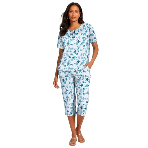 Roaman's Women's Plus Size 2-Piece Printed Henley Top And Capri Set