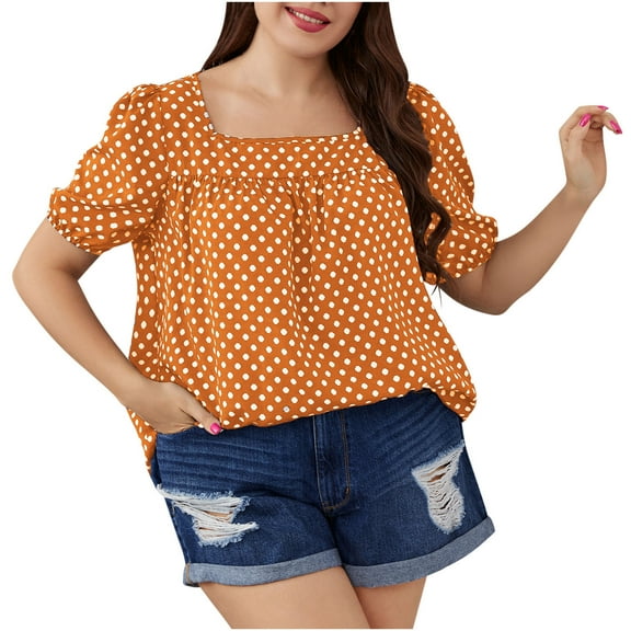 Jewelreauty Women Plus Size Polka Dot Tops Puff Short Sleeve Square Neck Chiffon Blouses Casual Tunic Tee (XL, Yellow)