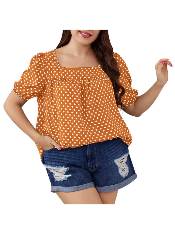 ShomPort Plus Size Cute Printed Shirt for Women Summer Square Neck Puff Sleeve Tops Casual Vacation Blouses