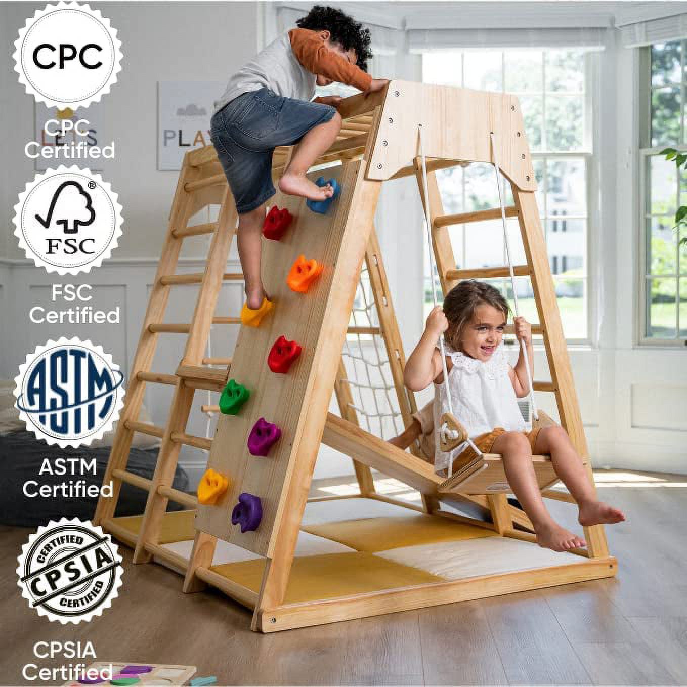 Avenlur Magnolia Indoor Playground 6-in-1 Jungle Gym Montessori Waldorf Style Wooden Climber Playset Slide, Rock Climbing Wall, Rope Wall Climber, Monkey Bars, Swing for Toddlers, Children Kids 2-6yrs - image 3 of 9
