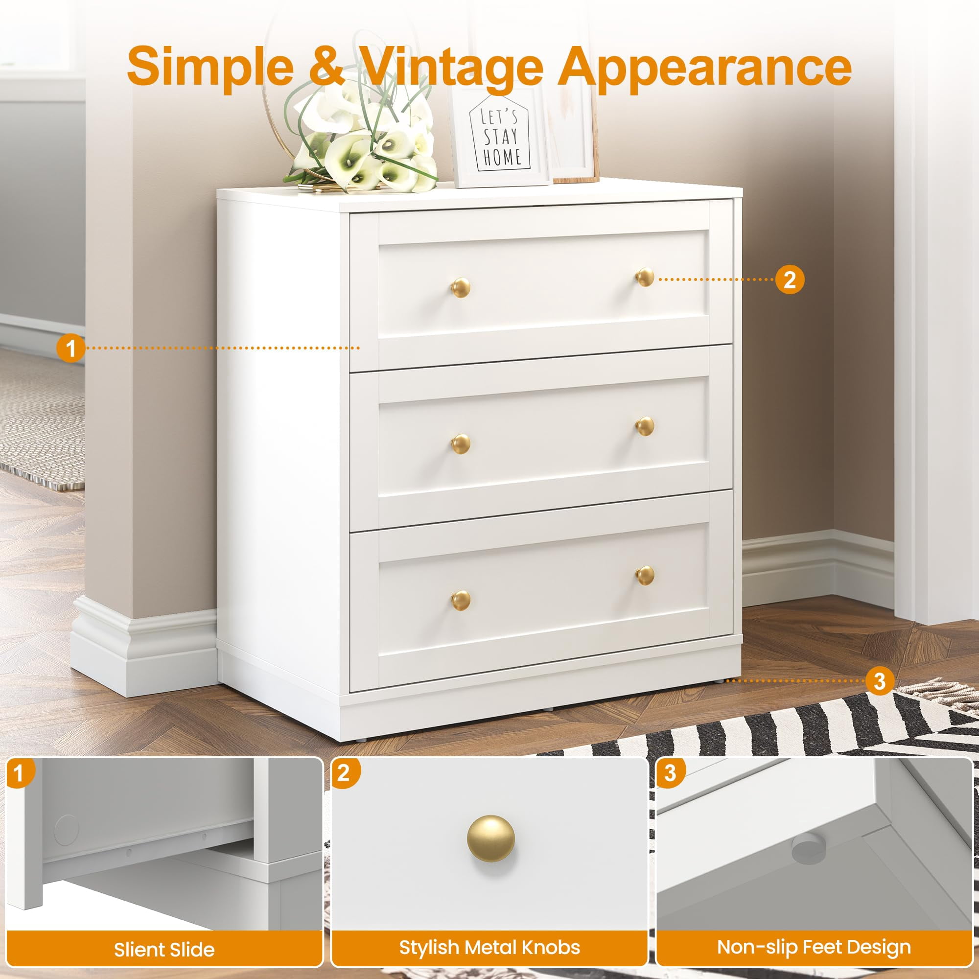 Heynemo Wood 3 Drawer Dresser, White Chest of Drawers with Gold Dresser Knobs, Modern Wide Dresser for Bedroom, Hallway, Entryway, Closets, Living Room