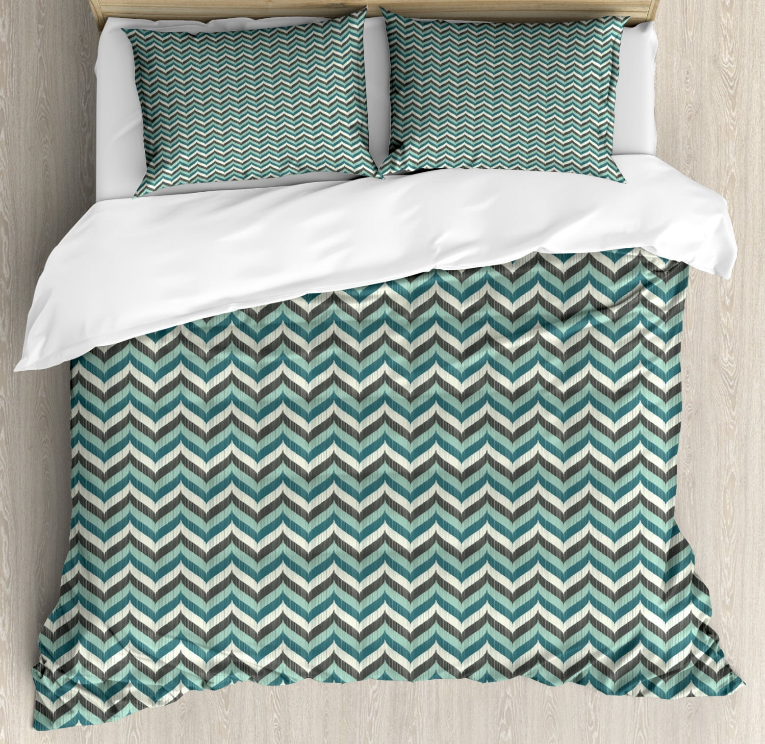 Turquoise Duvet Cover Set Wavy Lines With Abstract Chevron