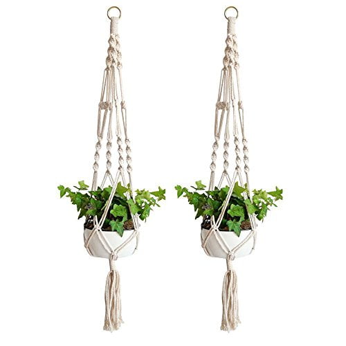 Macrame Plant Hanger,2 Pack Plant Hanger,Cotton Rope Plant Hangers Indoor Outdoor,4 Legs Plant Hanger Brackets,Flower Pot Hanging Plant Holder for Home Decorations (White) (34 Inch)