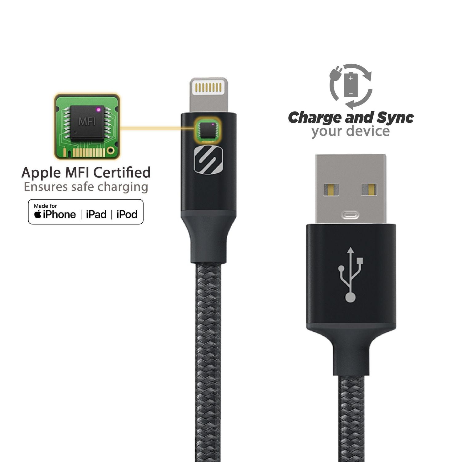Scosche i3B4SG-SP Strikeline Premium MFi Certified Lightning Charge & Sync Braided Cable for ALL Lightning Devices 4-ft.