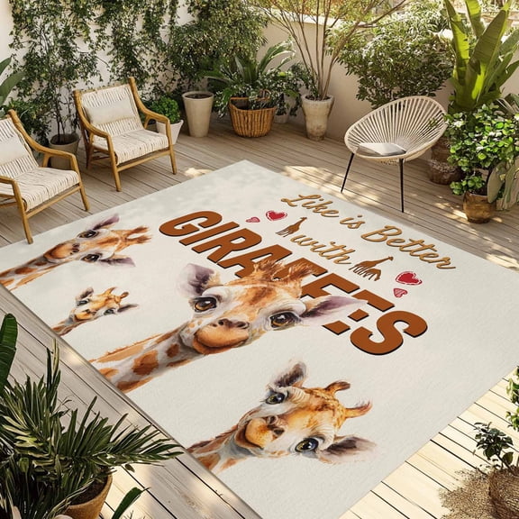 Giraffe Outdoor Rug for Patio/Deck/Porch, Non-Slip Large Area Rug 6 x 9 Ft, Red Love Heart Rustic Animals Indoor Outdoor Rugs Washable Area Rugs, Reversible Camping Rug Carpet Runner