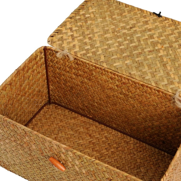 Straw Wicker Baskets with Lids- Nautral Seagrass Storage Baskets, Woven Rectangular Basket Bins, Rattan Storage Organizer Multipurpose Container