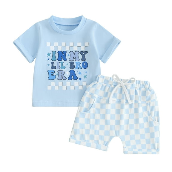 Okbabeha Baby Boy Summer Clothes Round T Shirt Tops Elastic Waist Checkerboard Shorts Big Brother Little Brother Outfits