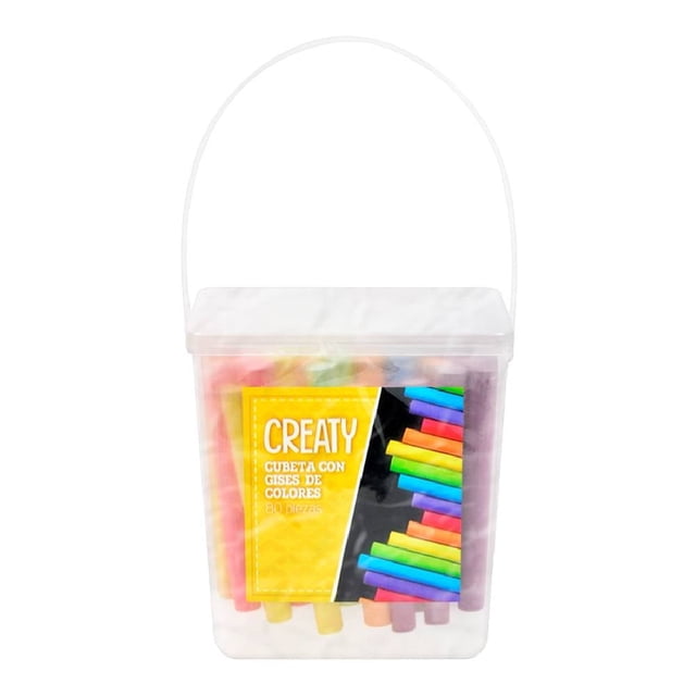 cubeta con gises creaty de colores 80 pzas contenedor transparente con tapa y asa mostrando gises en varios colores y etiqueta amarilla de la marca; vista frontal centrada, para material escolar, dibujo y manualidades, 80 piezas.