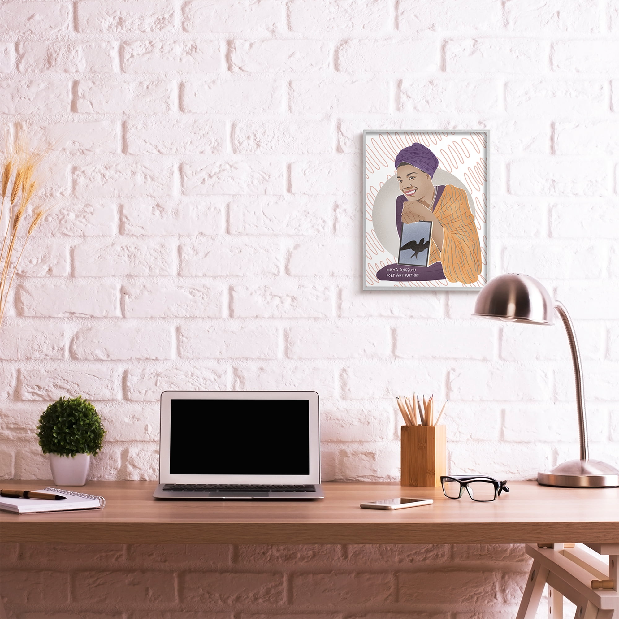 Stupell Industries Maya With Book Over Pattern Female Literary Icon Novelty Painting Gray Framed Art Print Wall Art, 16 x 20