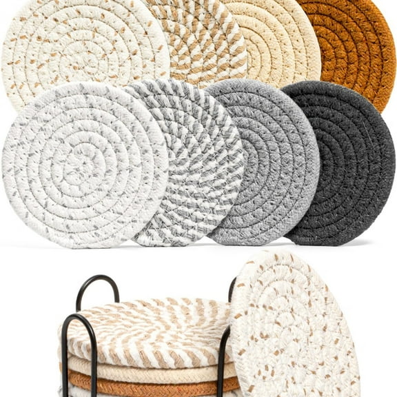 8 Pcs Drink Coasters with Holder,8 Colors Absorbent Coasters for Drinks Minimalist Cup Coasters Cotton Coaster Set Woven Coasters for Coffee Table Home Decor Bar Housewarming Gift,4.3 Inch
