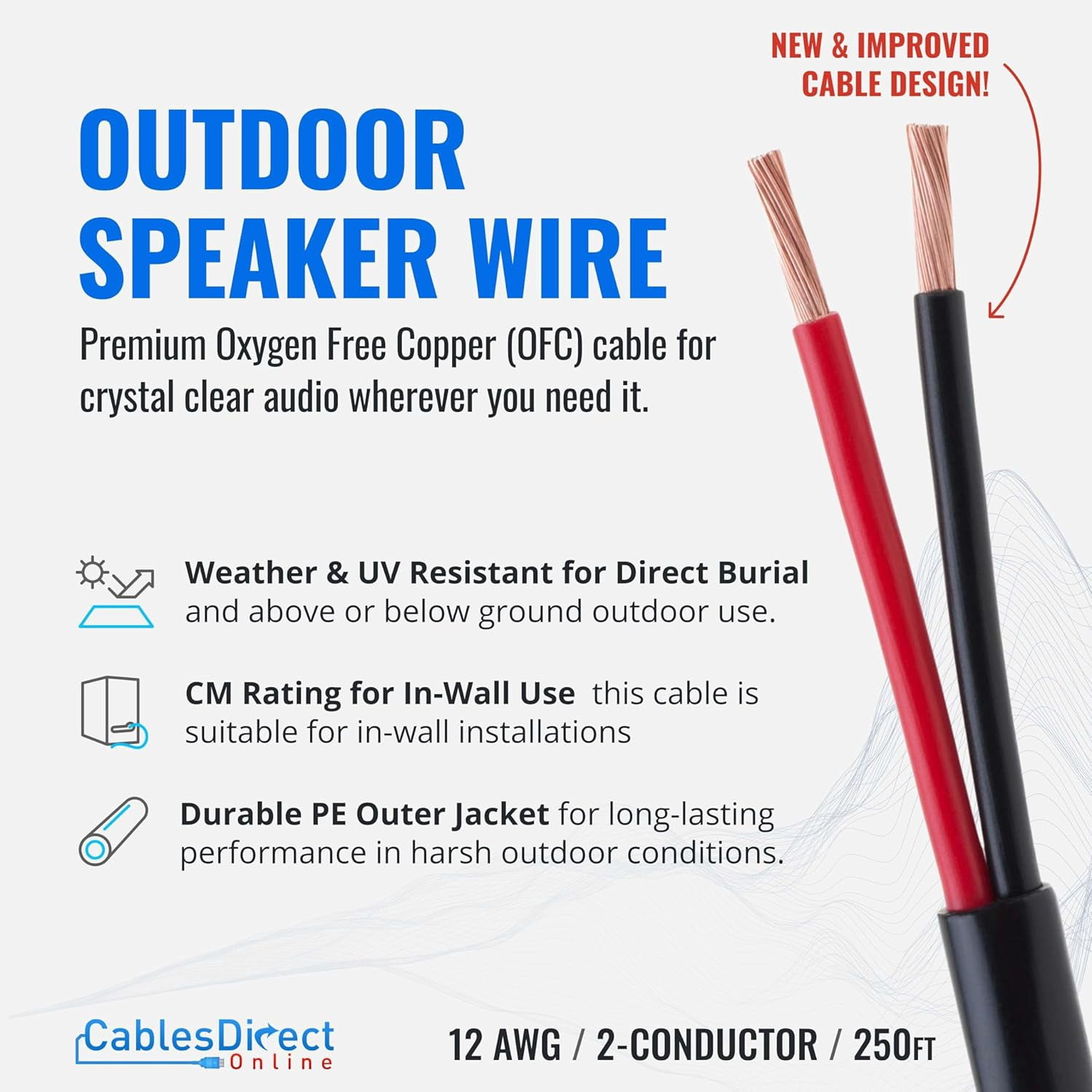 12/2 Outdoor Speaker Wire, Oxygen-Free Copper, Direct Burial, UV and Weather Resistant, CL3 CM Rated, Low Voltage Audio Cable for LED Lighting, Car Audio, Home, Cables Direct Online