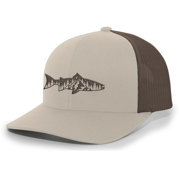 Men's Outdoors Fishing Trout Scenic Forest Woodland Embroidered Mesh Back Trucker Hat, Khaki/Brown