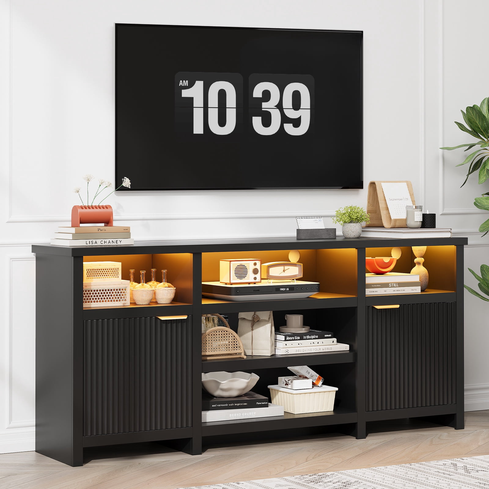 Farmhouse LED TV Stand for 80-inch TVs, Wooden Highboy TV Cabinet Media Console Entertainment Center with Storage for Living Room, Black