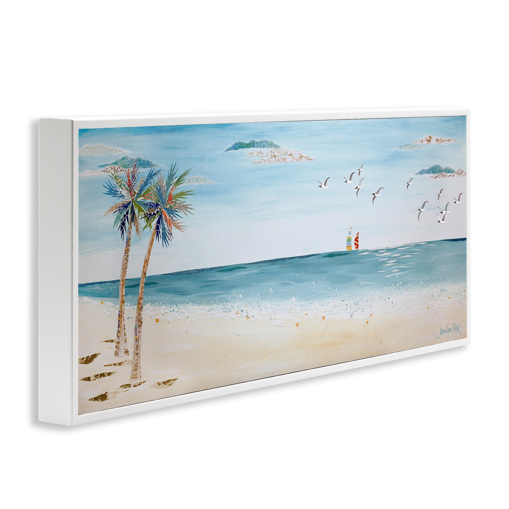 Stupell Industries Seagulls & Palm Beach Landscape Painting White Framed Art Print Wall Art, 30 x 13