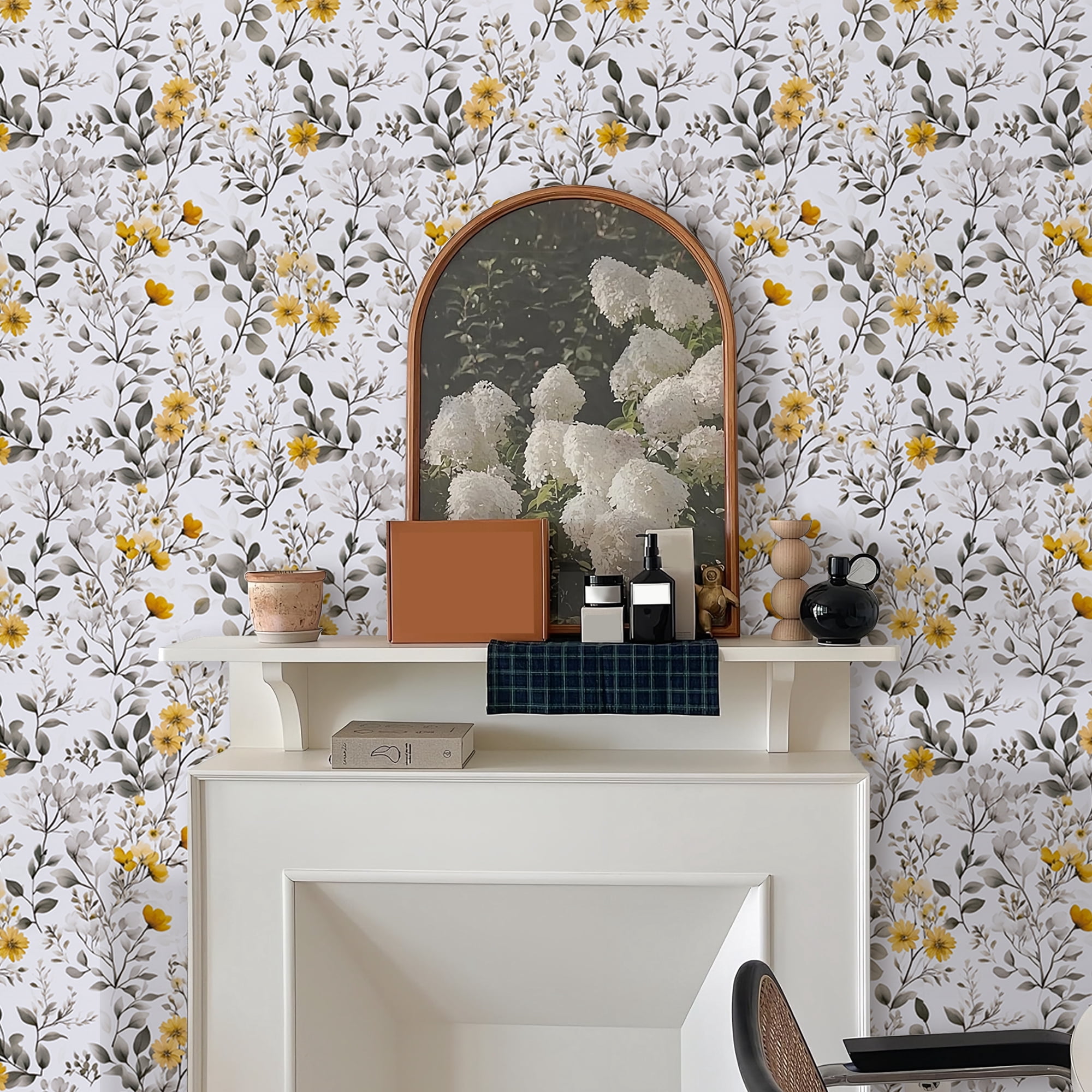 Abyssaly Floral Peel and Stick Wallpaper 17.3 "x 118.1" Yellow Flower and Ink-Wash Leaves Wallpaper Vintage Vinyl Contact Paper Suitable for Home Walls Cabinet Bedroom