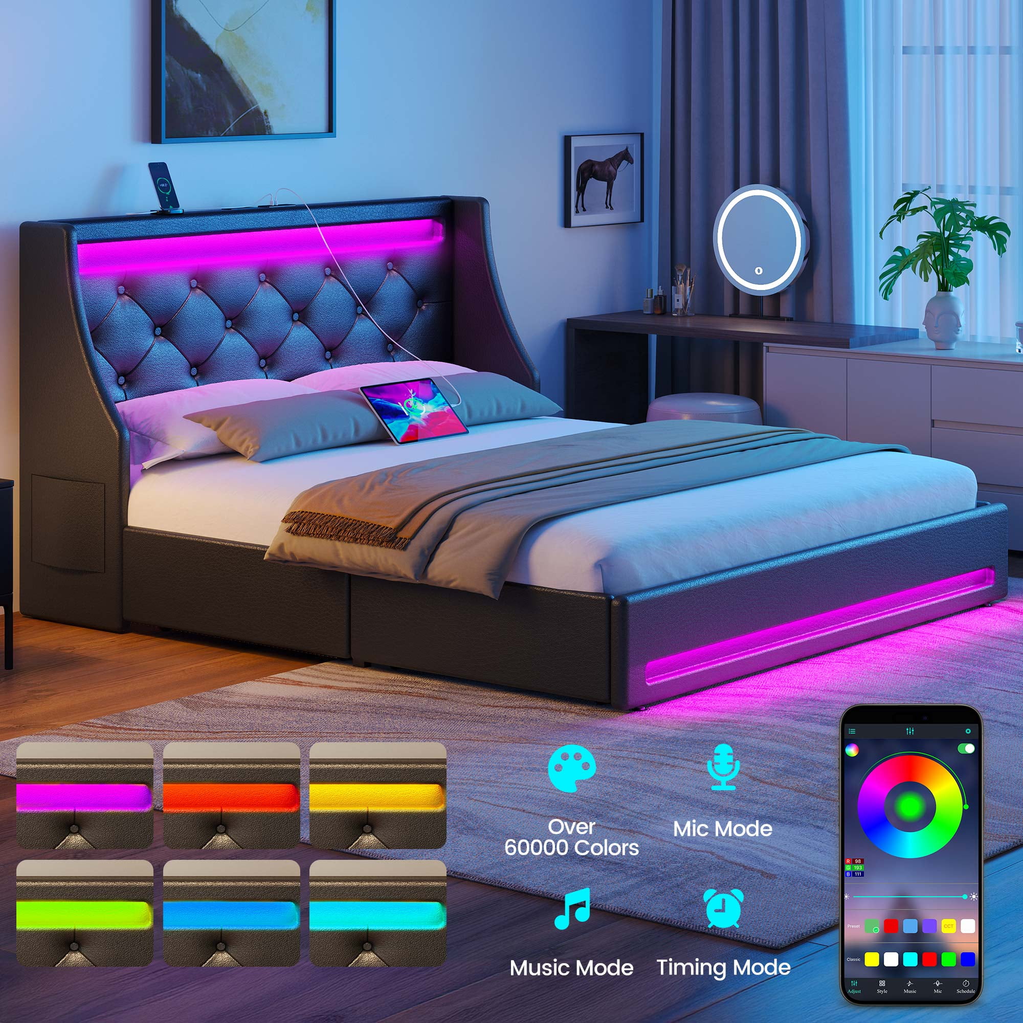 Greenstell Smart Charging Storage Bed Frame - 900lbs Capacity Noise-Free, Full, Black