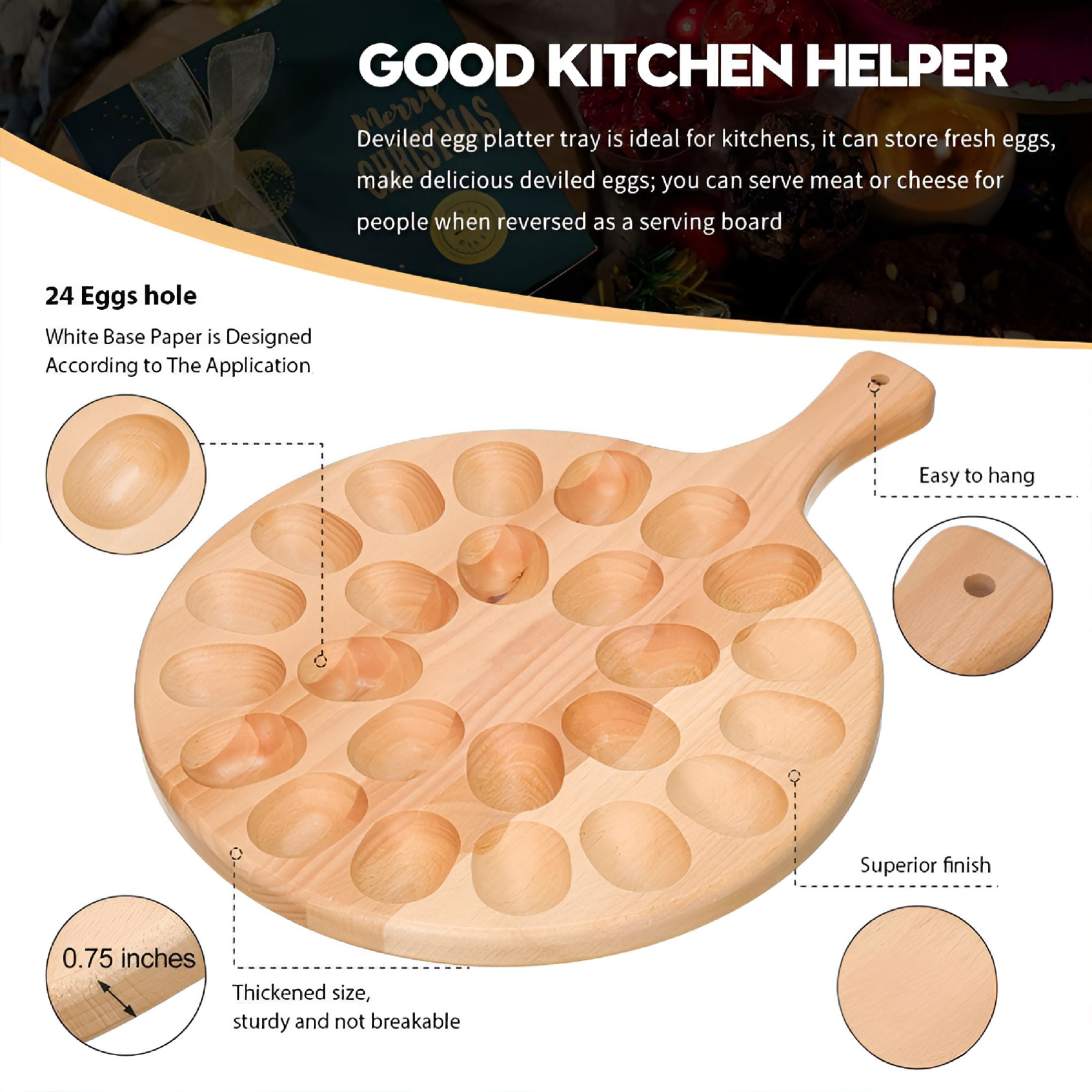 ACDANC Wooden Deviled Egg Platter Multi-holes Deviled Egg Tray Wood Double Side Dessert Plate