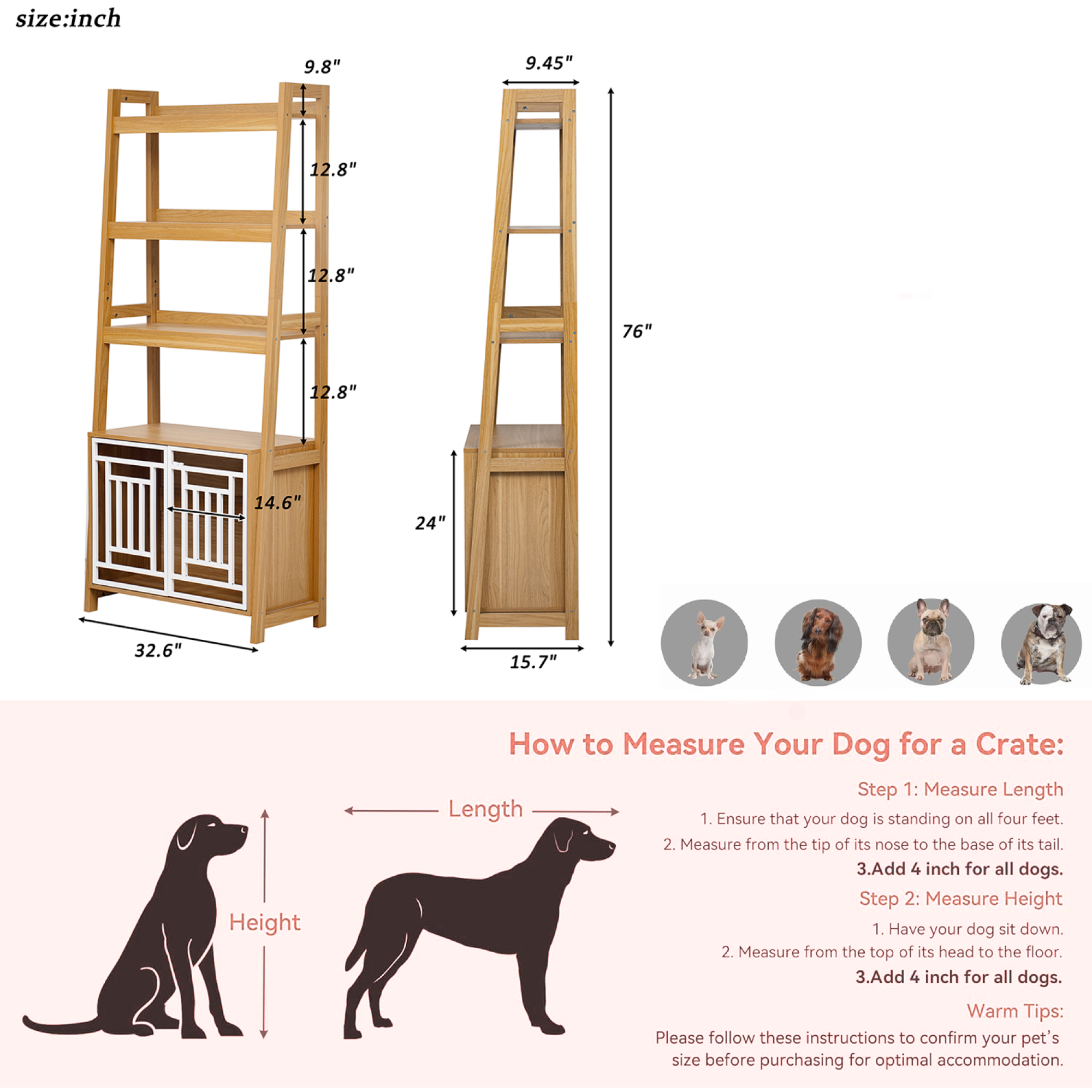 Jopath Modern 2 IN 1 Dog Furniture Dog Crate Ladder Bookshelf, Tall Wood Display Shelf with Storage, Dog Kennel Bookcase for Small-sized Dogs up to 50lbs, 32.5"L