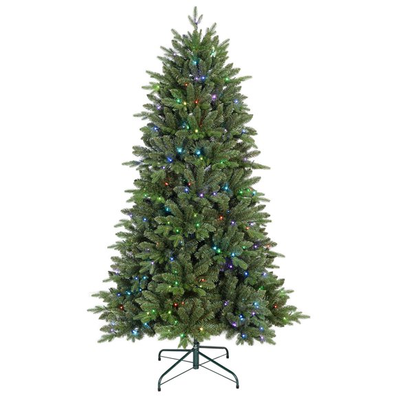 7ft PE/PVC Artificial Christmas Tree with RGB LED Lights - Fluffy, Hinged, Realistic Xmas Tree with Automatic Function & Stable Stand