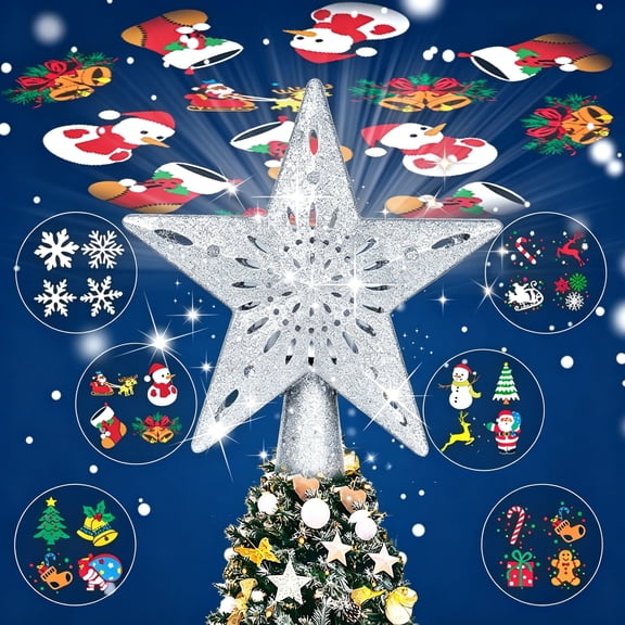 Christmas Star Tree Topper, Lights with 6 Projection Modes, Sliver Star Christmas Tree Topper with Built-in LED Projector, Dynamic Projection for Christmas Party Holiday Decoration