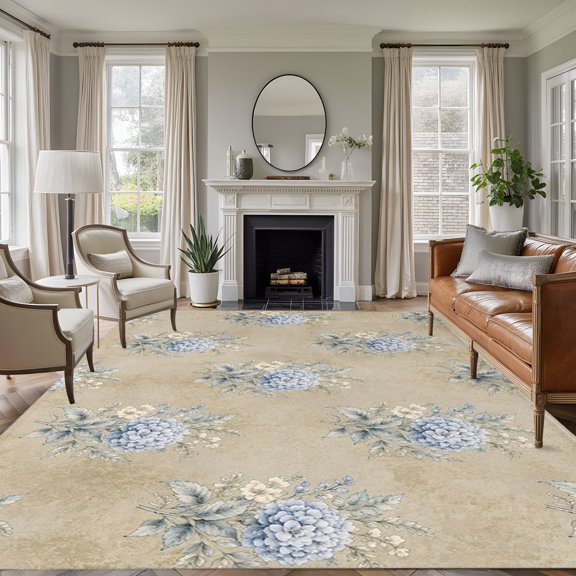 Blue Flowers 8'x10' Area Rug for Living Room, Beige Retro Botanical Floral Branches Washable Non-Slip Large Carpet for Bedroom Dining Room, Non-Shedding Soft Accent Rug for Kitchen