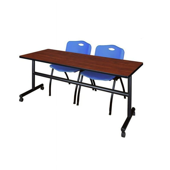 72" x 30" Flip Top Mobile Training Table- Cherry and 2 "M" Stack Chairs- Blue