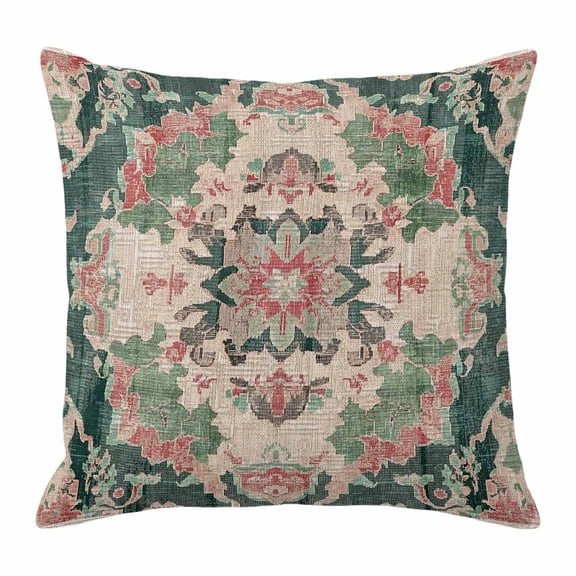 Pillow Covers 24x24 Inch, Pink Green Boho Linen Pillowcase with Invisible Zipper, Abstract Medieval Vintage Ethnic Floral Decorative Throw Pillow Covers Cushion Case for Couch Sofa Bed Living Room