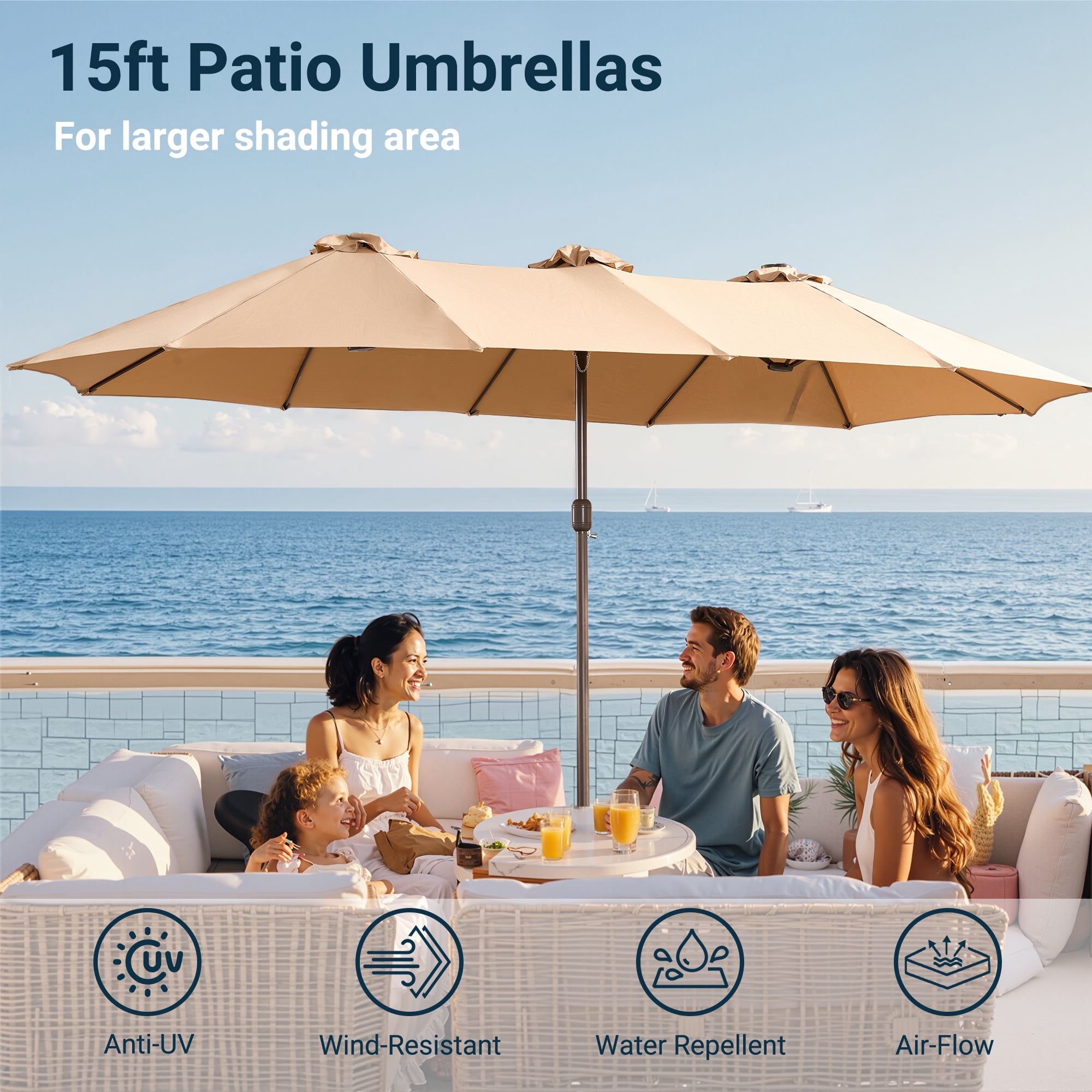 XIZZI 15ft Patio Umbrella with Base and Crank Handle, Extra Large Double-Sided Outdoor Umbrella with Waterproof, UV Resistant, Rectangle Garden Table Umbrellas Khaki
