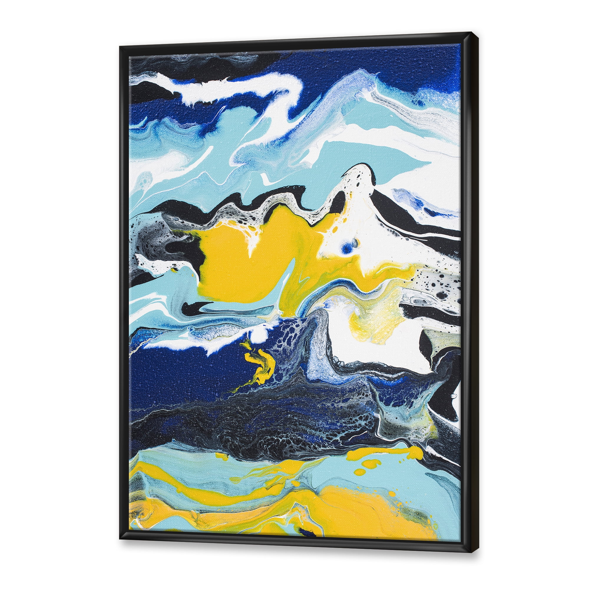 Designart 'Abstract Marble Composition In Blue and Yellow II' Modern Framed Canvas Wall Art Print