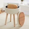 thumbnail image 3 of Tcbosik 12.6" Round Linen Upholstered Ottoman with Flip-Top Tray and Hidden Storage, Small Footstool Vanity Chair with Solid Wood Legs, Padded Stool for Home Office Living Room, White, 3 of 7