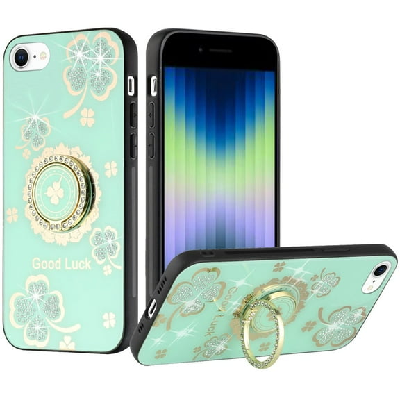 For Apple iPhone 14 (6.1") Diamond Bling Sparkly Glitter Ornaments Engraving Hybrid Ring Stand Holder Fashion Cover ,Xpm Phone Case [ Teal Good Luck Floral ]