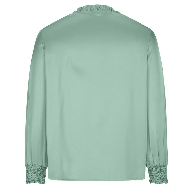 JWZUY Women's Elegant Tie Neck Long Sleeve Shirred Cuff Satin Blouse Top  Office Business Silk Shirts Mint Green S