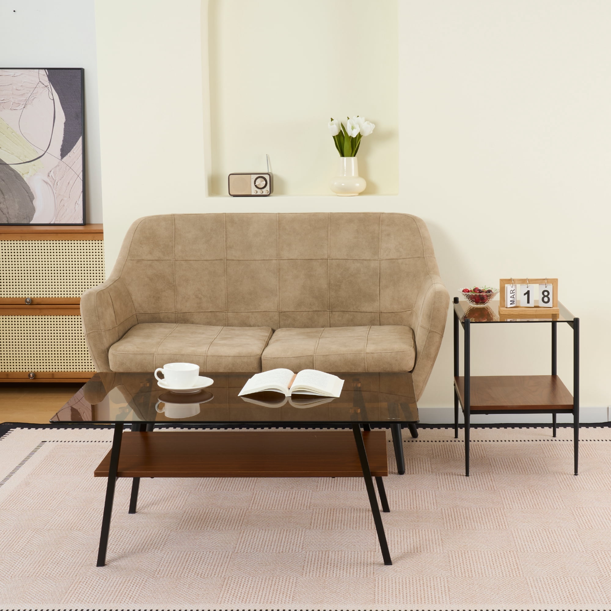 Euroco Rectangle Coffee Table, Tempered Glass Tabletop with Black Metal Legs, Modern Table for Living Room , Brown Glass