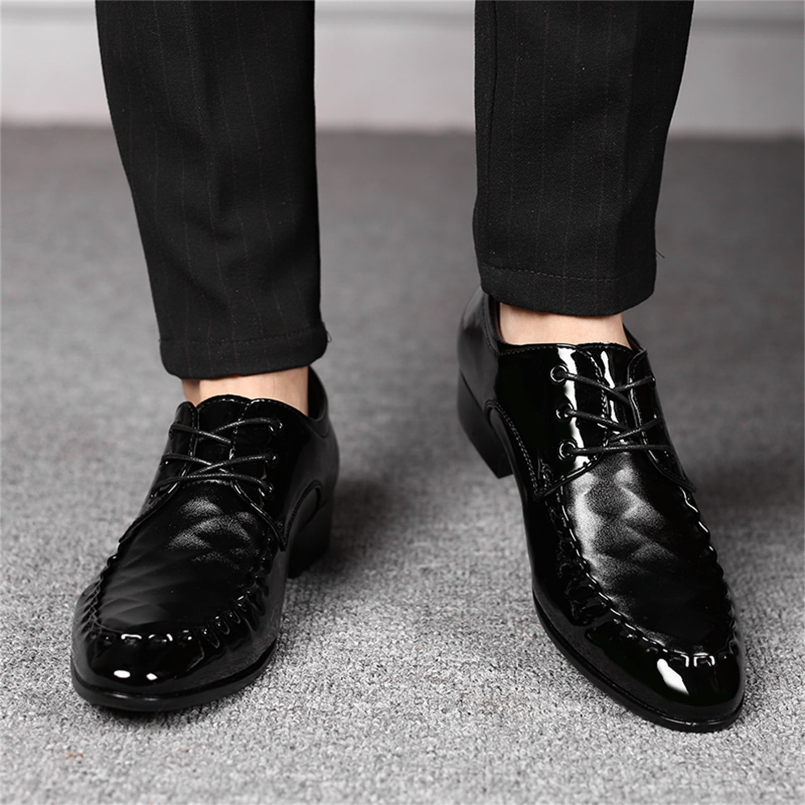 Adult Men Shoes Casual Men Shoes Leather Fashion Summer and Autumn Men Leather Shoes Pointed Toe Low Heeled Solid Black Stitched Lace Up Male