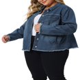 thumbnail image 4 of Unique Bargains Women‘s Plus Size Frayed Hem Long Sleeve Pockets Button Up Denim Jackets, 4 of 6