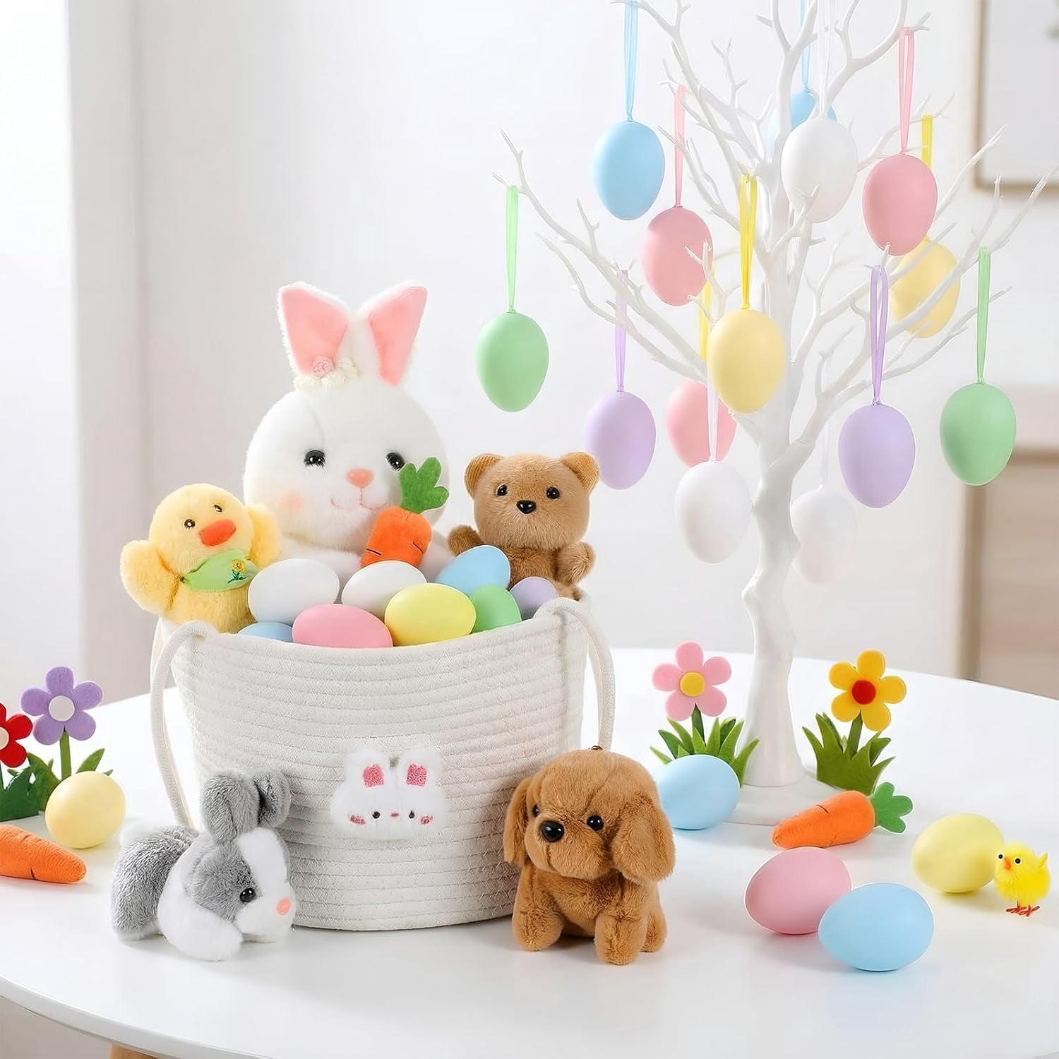 18 Pcs Easter Bunny Gift Basket Toys Easter Basket Plush Stuffers Bunny Rabbit Eggs Plush Animal Toy for Party Favor Picnic Decoration