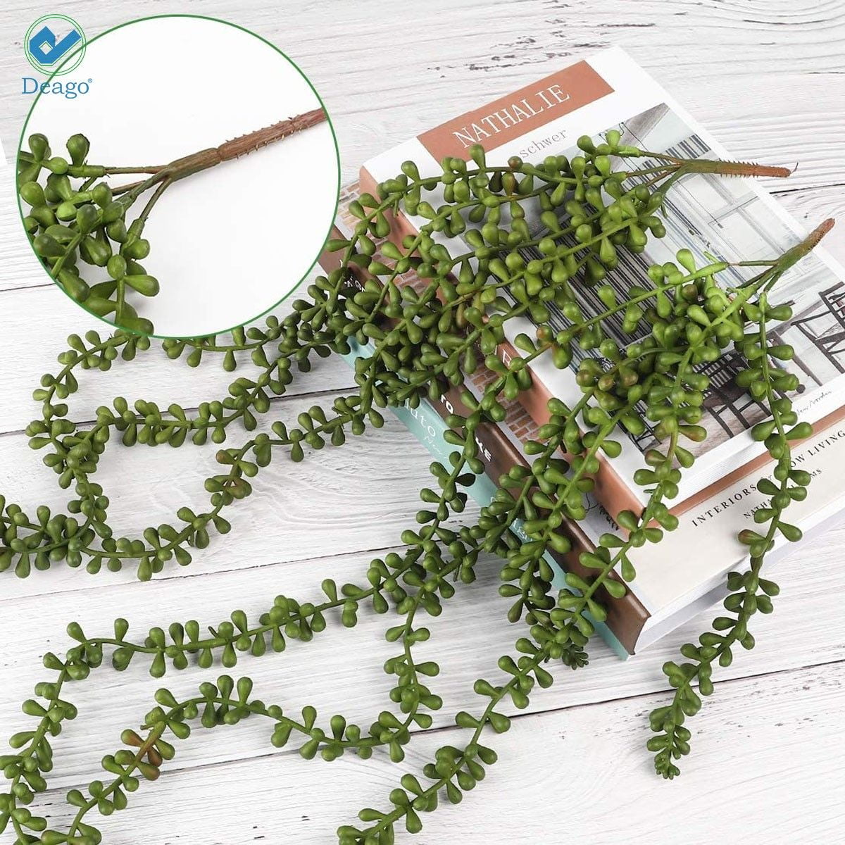 Deago 4Pcs 24" Artificial Succulents Hanging Plants Fake String of Pearls Hanging Vine for Wedding Party Home Garden Wall Decoration (Green)