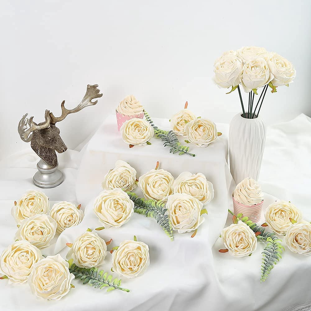 White Roses Artificial Flowers Heads Bulk, Vintage Dried Flowers Artificial Rose Heads Silk Fake Rose for Wedding Centerpieces for Dining Table Decor Wall Flowers Decorations (Off White)