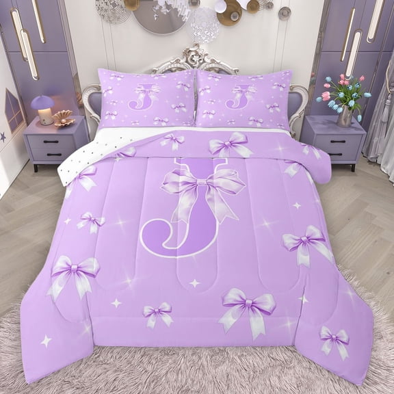 Castle Fairy Girls Female Cartoon Ribbon Bow Initial Alphabet J Bedding Comforter Set 2pcs,Dreamy Princess Bow Knot Twin Comforter Sets Microfiber,Bling Stars Print Breathable Bedding Set