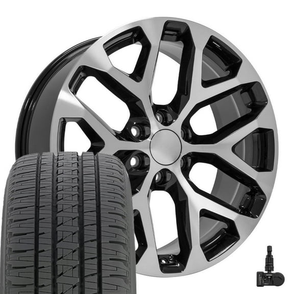 OE Wheels CV98 22 Inch Rims and Tires Fit Silverado 1500 Snowflake Style 6x139.7 22x9 Gloss Black Machined - Hollander 5668 - Dueler H/L Alenza 285/45-22 (Set of 4)