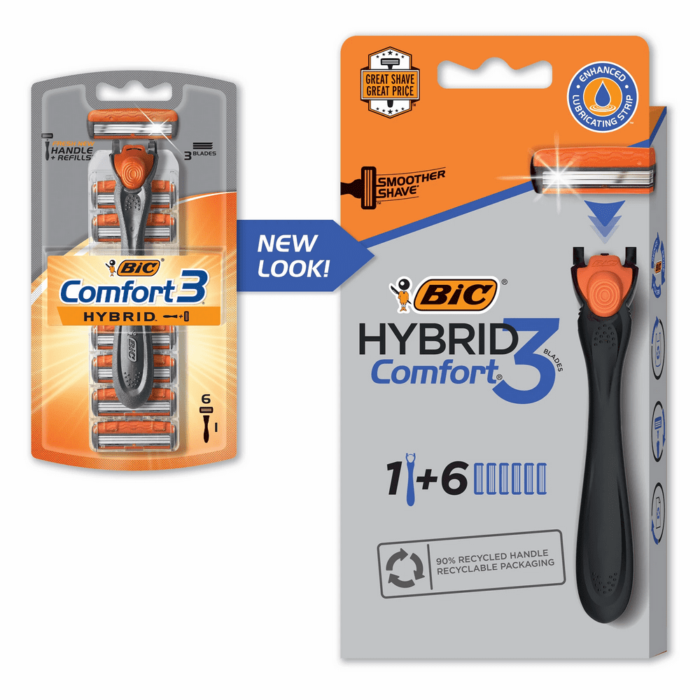 BIC Comfort 3 Hybrid Men's Disposable Razor, 3 Blade Razor, 1 Handle 6 Cartridges, Pivoting Head