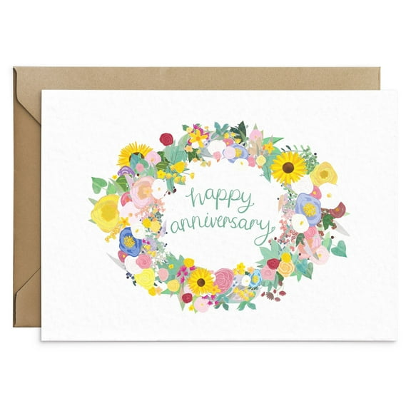 Happy Anniversary Card – Beautiful Floral Wreath Design – Blank Inside for Personal Messages – Perfect for Celebrating Love and Milestones