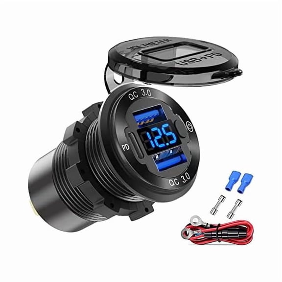 12V USB Outlet Wire Aluminum Car Charger Multi Port, Dual USB Quick Charge 3.0 Port and PD USB C Socket with Voltmeter Switch for Car Boat Marine Truck RV, Fast Charge for iPhone iPad Android Phones