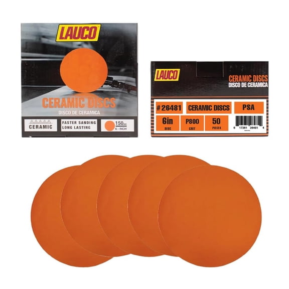 6” Premium Ceramic Orange PSA Discs - 800 Grit (Box of 50) - No Hole, Self Adhesive Random Orbital Sander Discs for Sanding Polishing on Fiberglass, Metal, Wood