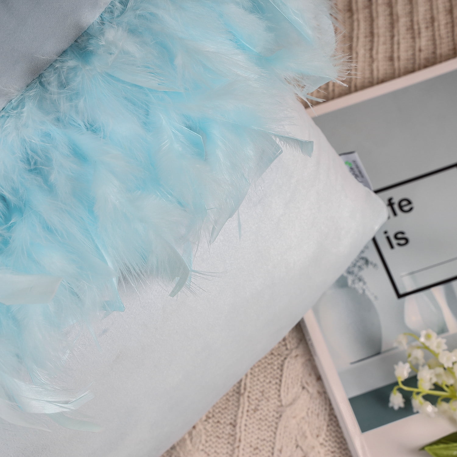Phantoscope Feather Velvet Decorative Throw Pillow, 18 x 18 in, Light Blue, 1 Pack