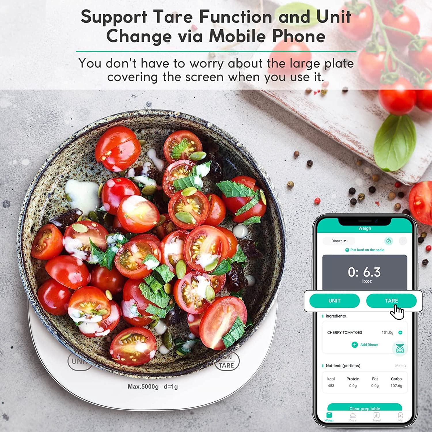 Arboleaf Smart Food Scale, 22lb Digital Food Scale with Nutritional Calculator & App,White