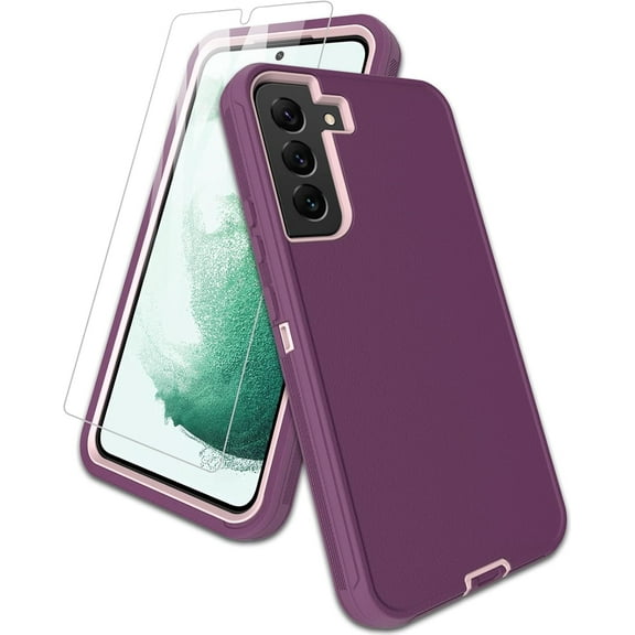 for Samsung Galaxy S22-Plus 5G Case, with Screen Protector, Dust-Proof Port Cover, Full-Body Silicone Rubber Covered, Military Grade Drop-Proof Shockproof Non-Slip Phone Case, Pink/Purple