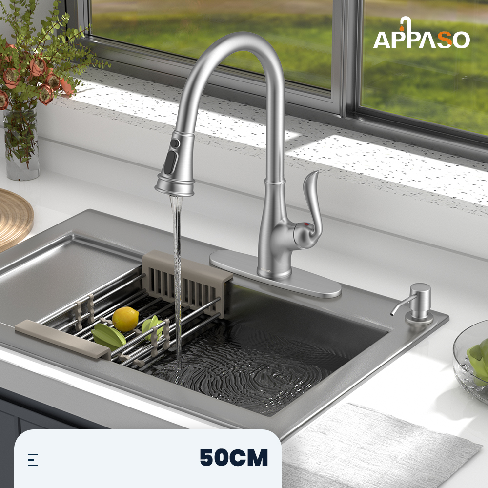 APPASO Brushed Nickel Kitchen Faucet, Stainless Steel Brushed Nickel High Arc Pull Out Kitchen Sink Faucets with Deck Plate and Soap Dispenser