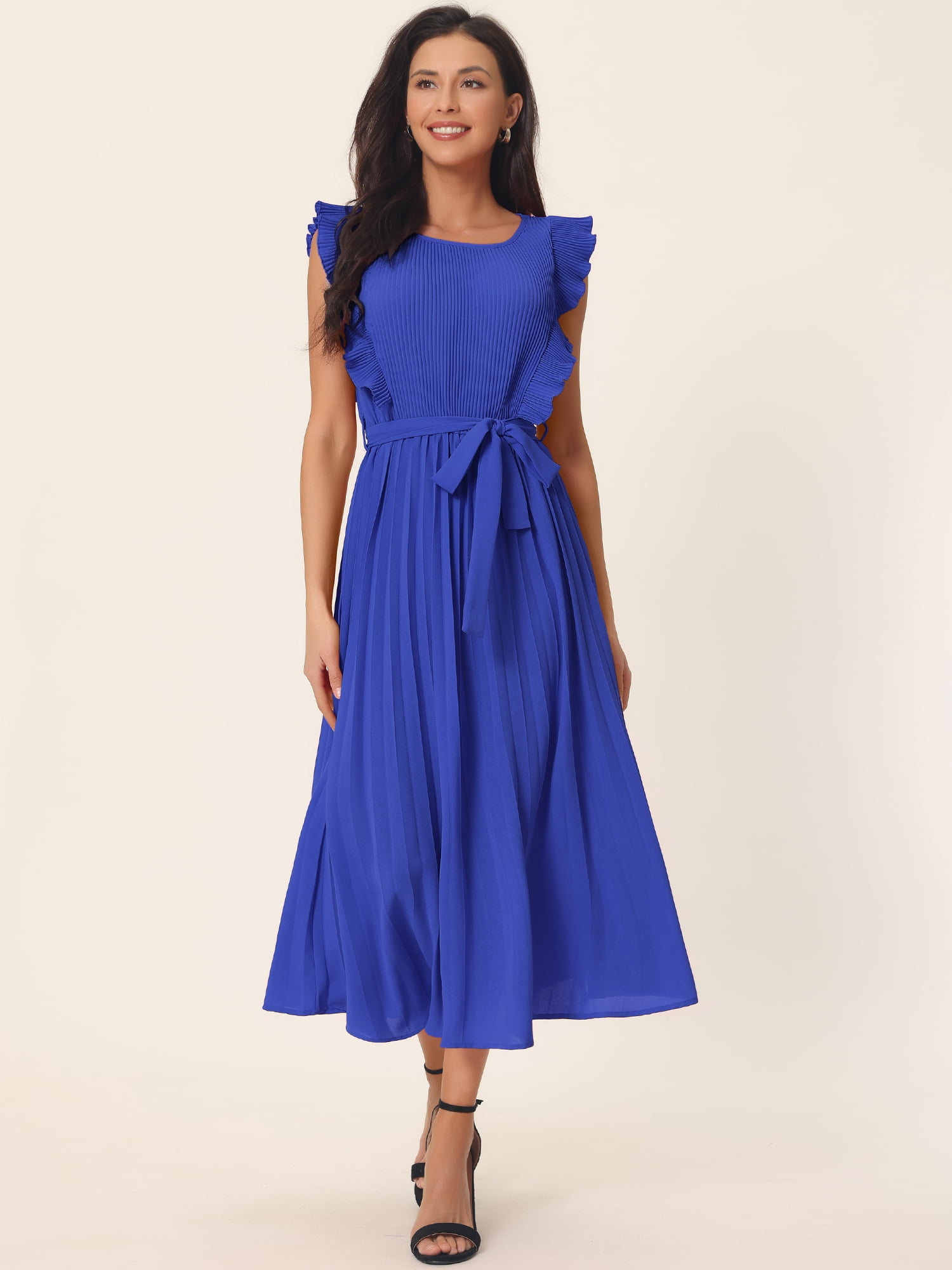 Unique Bargains Women's Ruffle Sleeveless Midi Dress with Tie Waist Belt M Royal Blue
